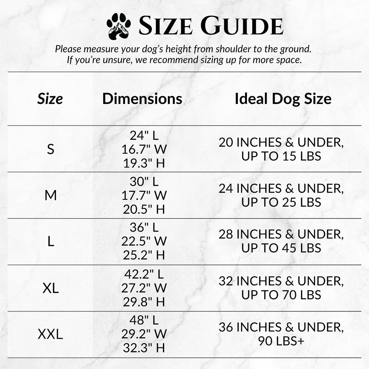 Dog kennel size guide for Wasatch Pup Classic Wire Kennels with dimensions, recommended dog height and weight for sizes S–XXL