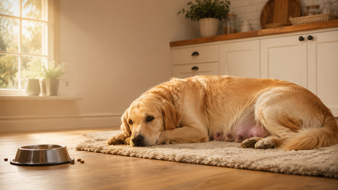 pregnant golden retriever lying down