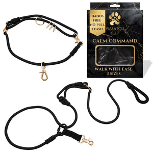 Wasatch Pup Calm Command hands-free no-pull black rope dog leash with gold hardware.