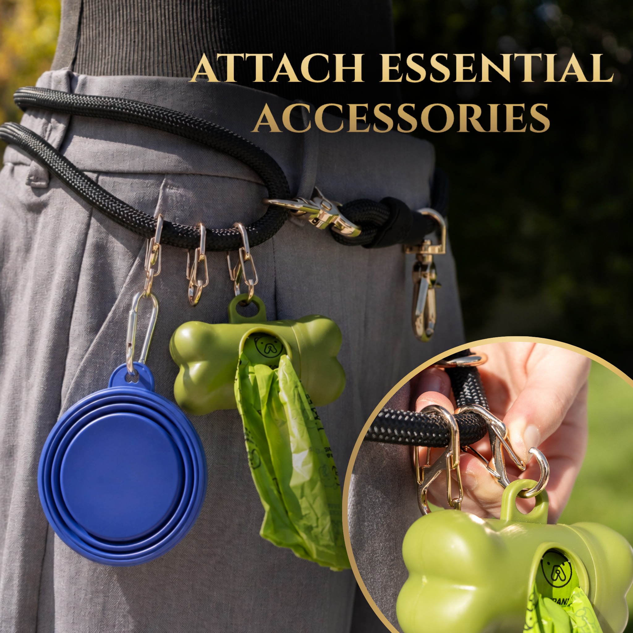 Person attaching essential accessories to a belt with a focus on a green dog treat bag and blue dog bowl. Enjoy better walks with the Calm Command hands-free no-pull leash. Designed for comfort and control, it's the perfect tool for active pet owners.