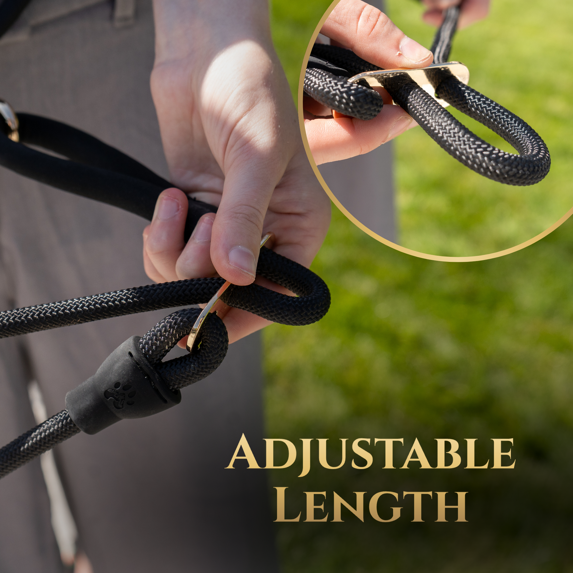Person holding an adjustable black dog leash with grass in the background. Enjoy better walks with the Calm Command hands-free no-pull leash. Designed for comfort and control, it's the perfect tool for active pet owners.