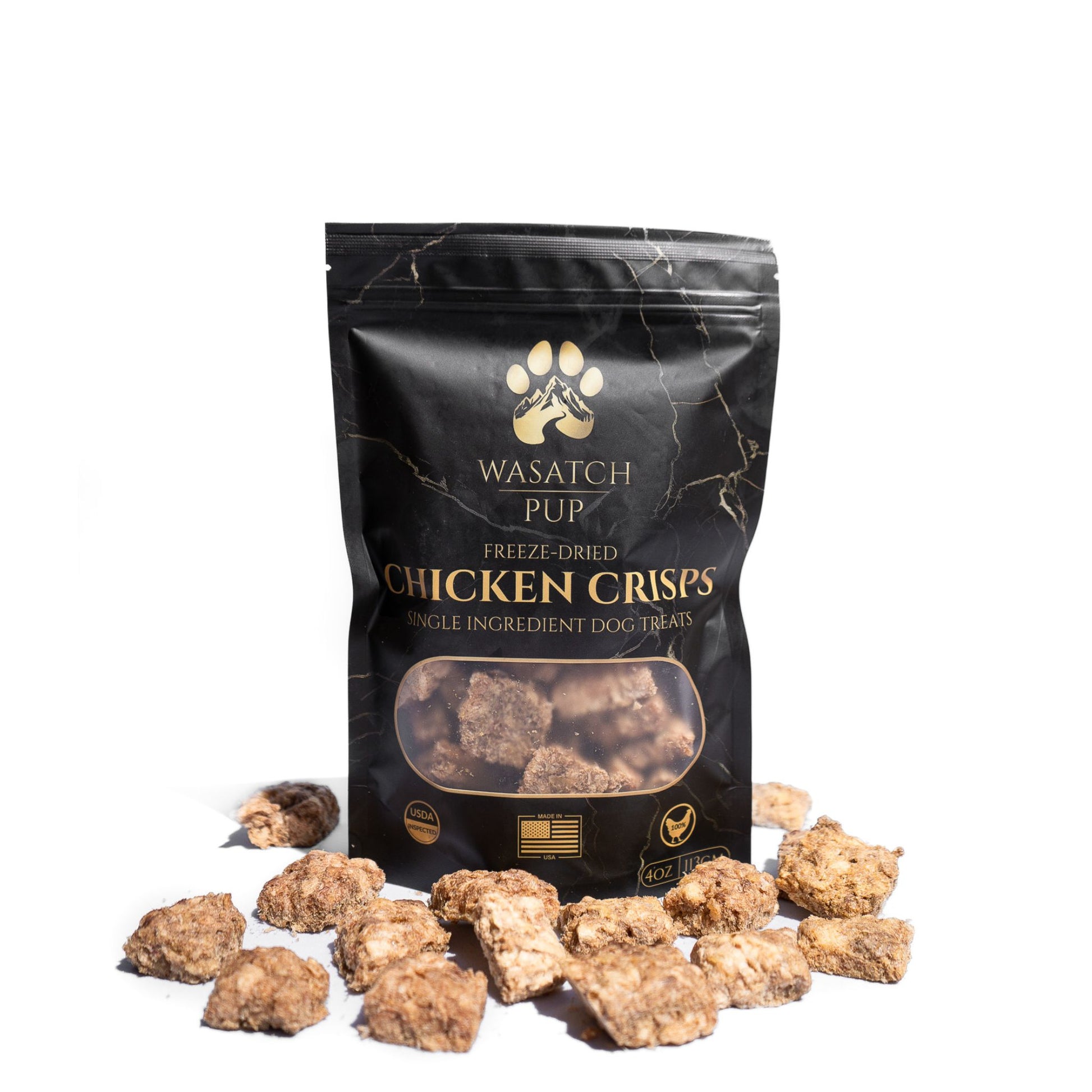 Wasatch Pup natural single-ingredient freeze-dried chicken crisps dog treats.