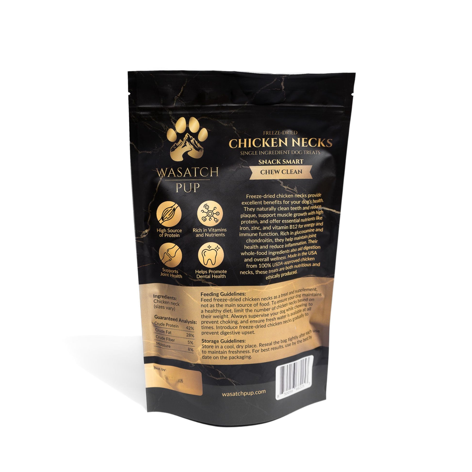 Back of Wasatch Pup freeze-dried chicken neck single ingredient dog treats packaging featuring feeding guidelines and nutritional analysis.