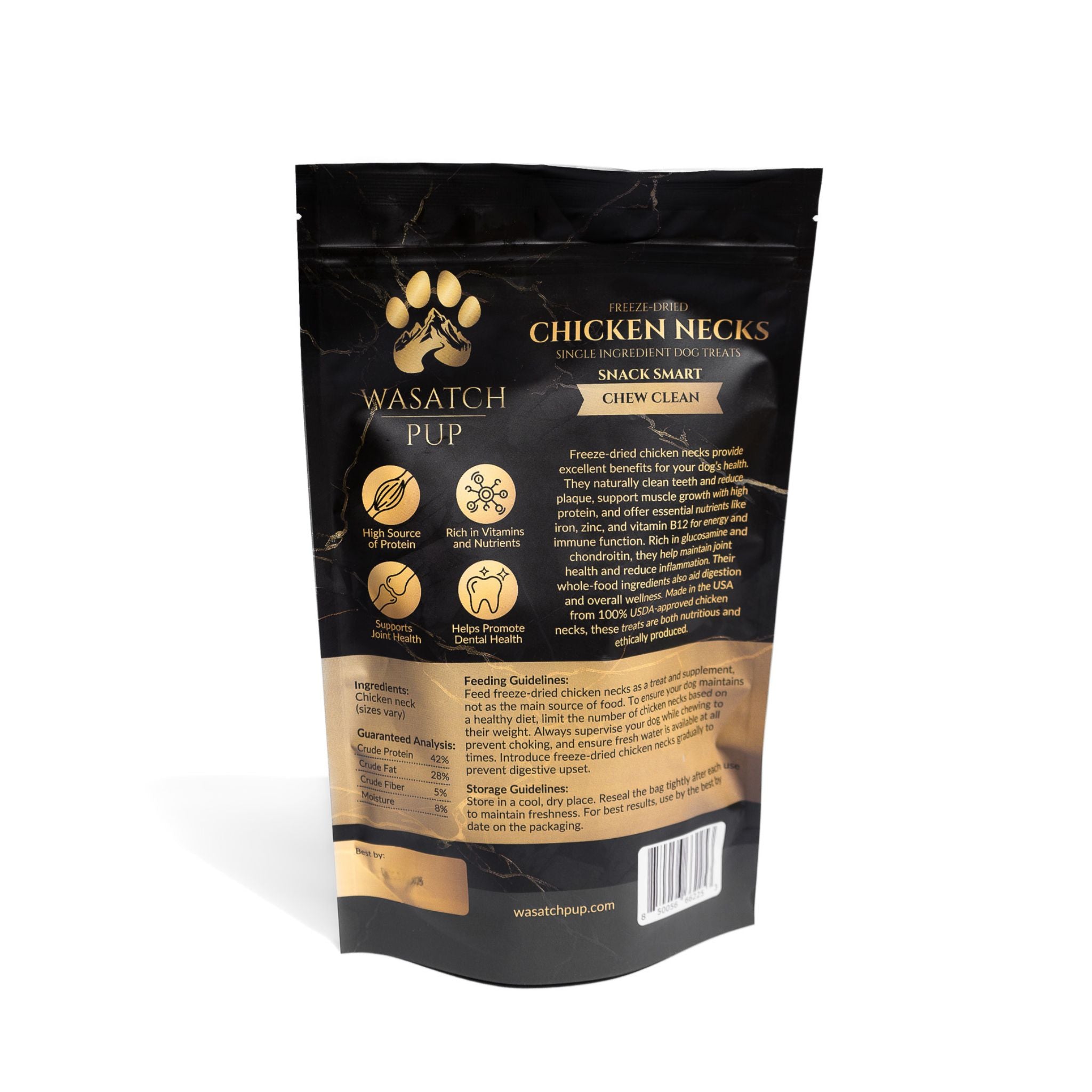 Back of Wasatch Pup freeze-dried chicken neck single ingredient dog treats packaging featuring feeding guidelines and nutritional analysis.