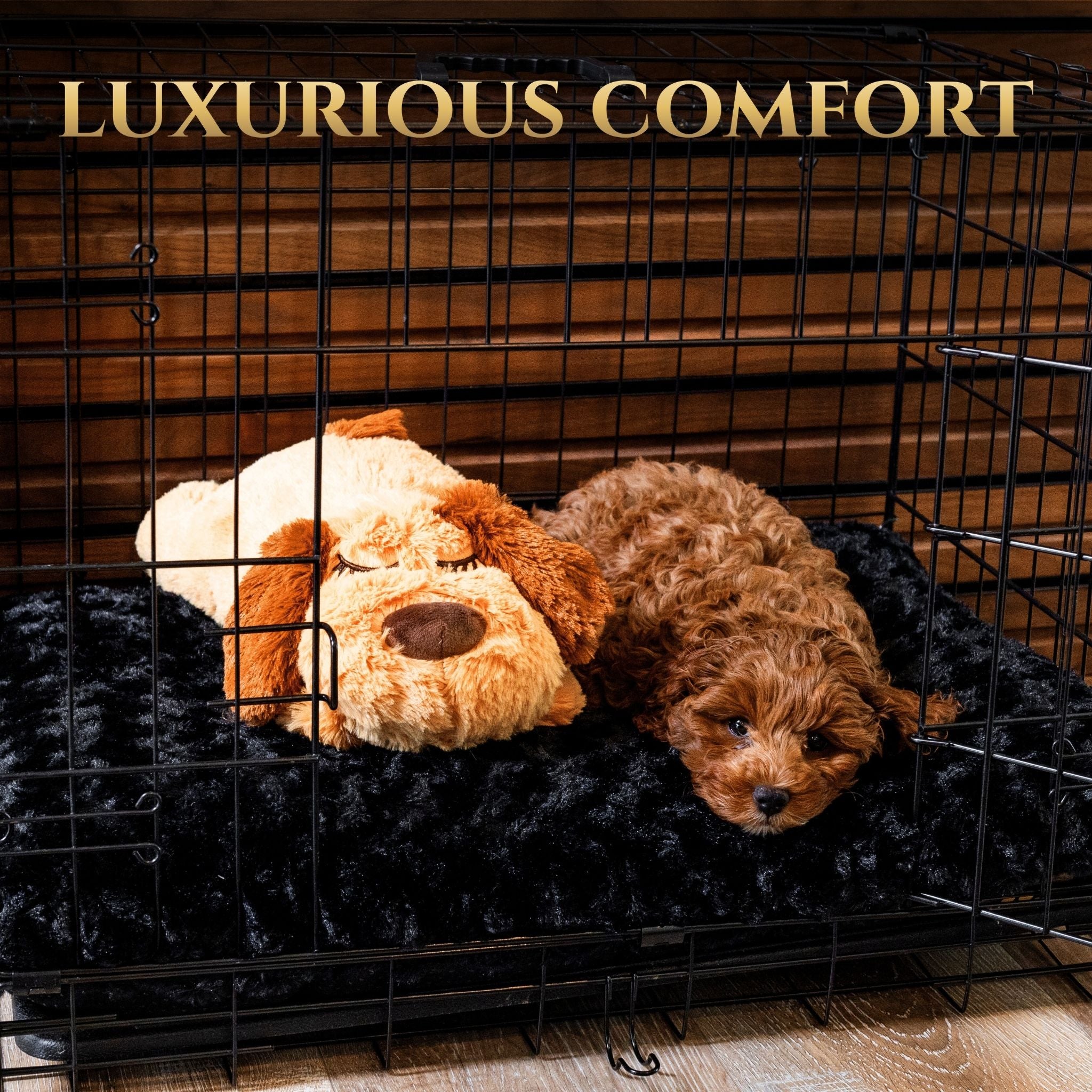 Two dogs lying on a Cozy Canine Plush Dog bed inside a wire crate with 'Luxurious Comfort' text above.
Cozy Canine Dog Bed featuring ultra-soft rose velvet fabric, plush supportive filling, and a non-slip bottom for all-day comfort and security. Designed to cushion joints, relieve pressure points, reduce anxiety, and provide a cozy sleeping space for dogs of all ages. Machine washable for easy care and versatile enough for use in crates, kennels, vehicles, or anywhere your dog loves to rest.