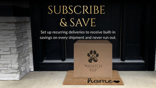 Cardboard box with 'Wasatch Pup' logo on a doorstep, promoting recurring subscription service and savings.