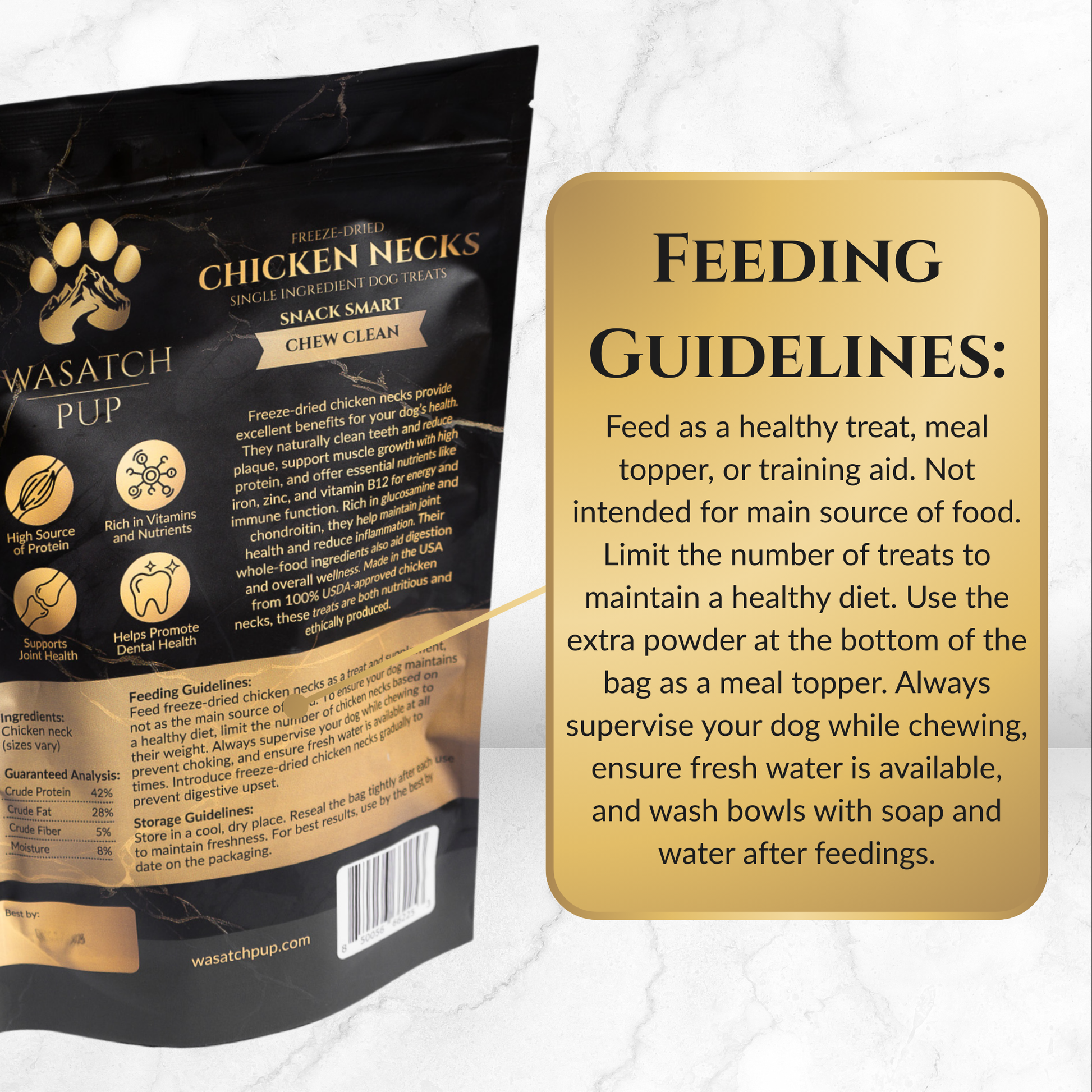 Back of the Wasatch Pup freeze-dried chicken neck single ingredient dog treats packaging, featuring feeding guidelines, nutritional benefits, and a guaranteed analysis.
