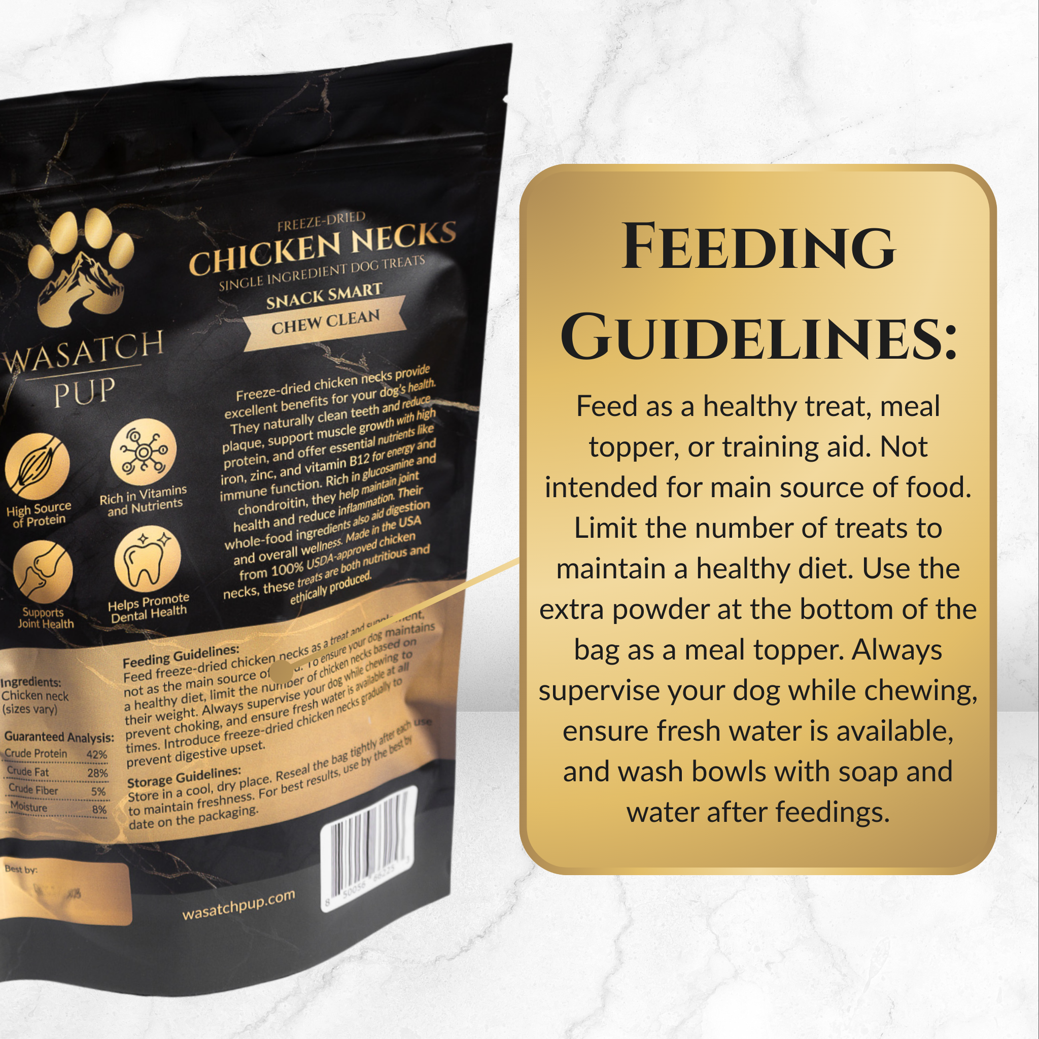 Back of the Wasatch Pup freeze-dried chicken neck single ingredient dog treats packaging, featuring feeding guidelines, nutritional benefits, and a guaranteed analysis.