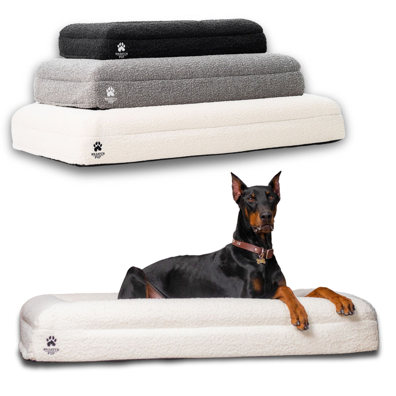 Wasatch Pup plush fleece dog beds in charcoal, gray, and cream featuring a Doberman Pinscher.