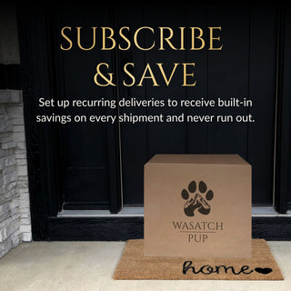 Shipping box with 'Wasatch Pup' logo on a doormat in front of a door, promoting recurring deliveries and savings.