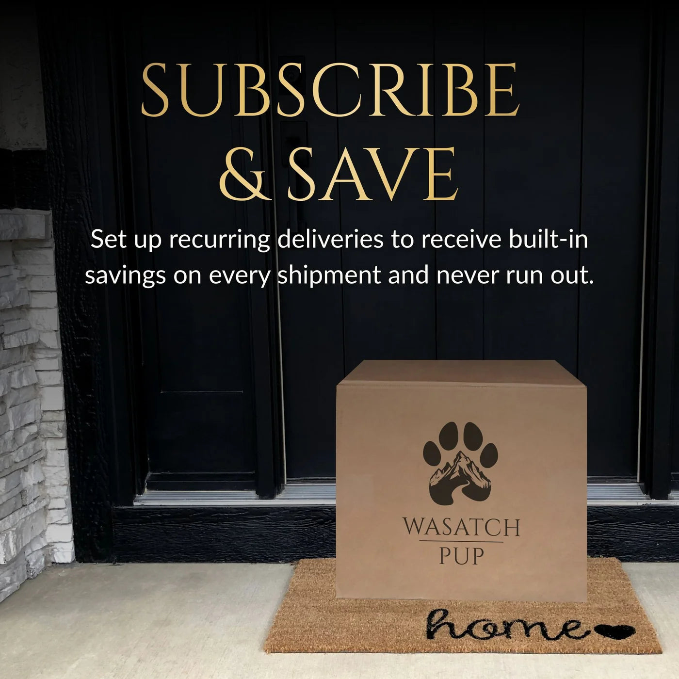 Cardboard box with 'Wasatch Pup' logo on a doormat in front of a door, promoting treat subscription service discount.