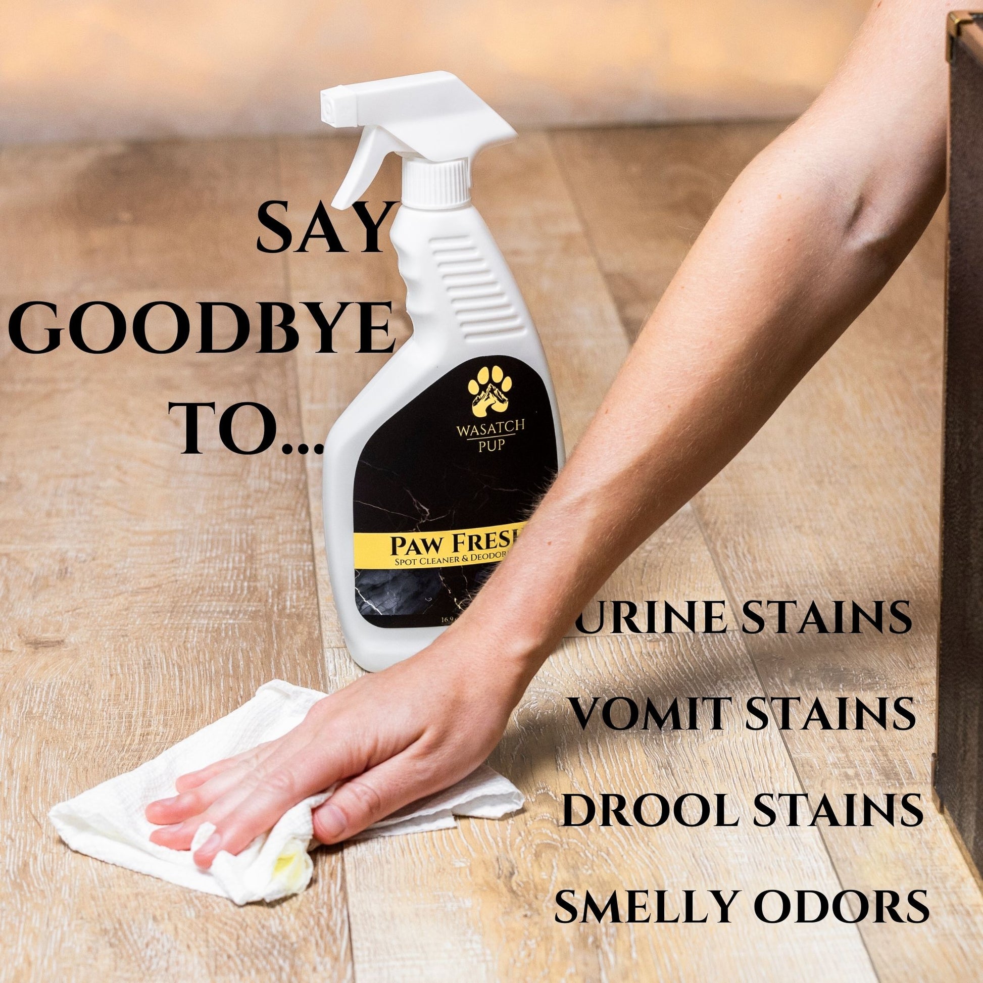 Wasatch Pup Paw Fresh Spot Cleaner & Deodorizer. Say goodbye to urine stains, vomit stains, drool stains, smelly odors, and more.