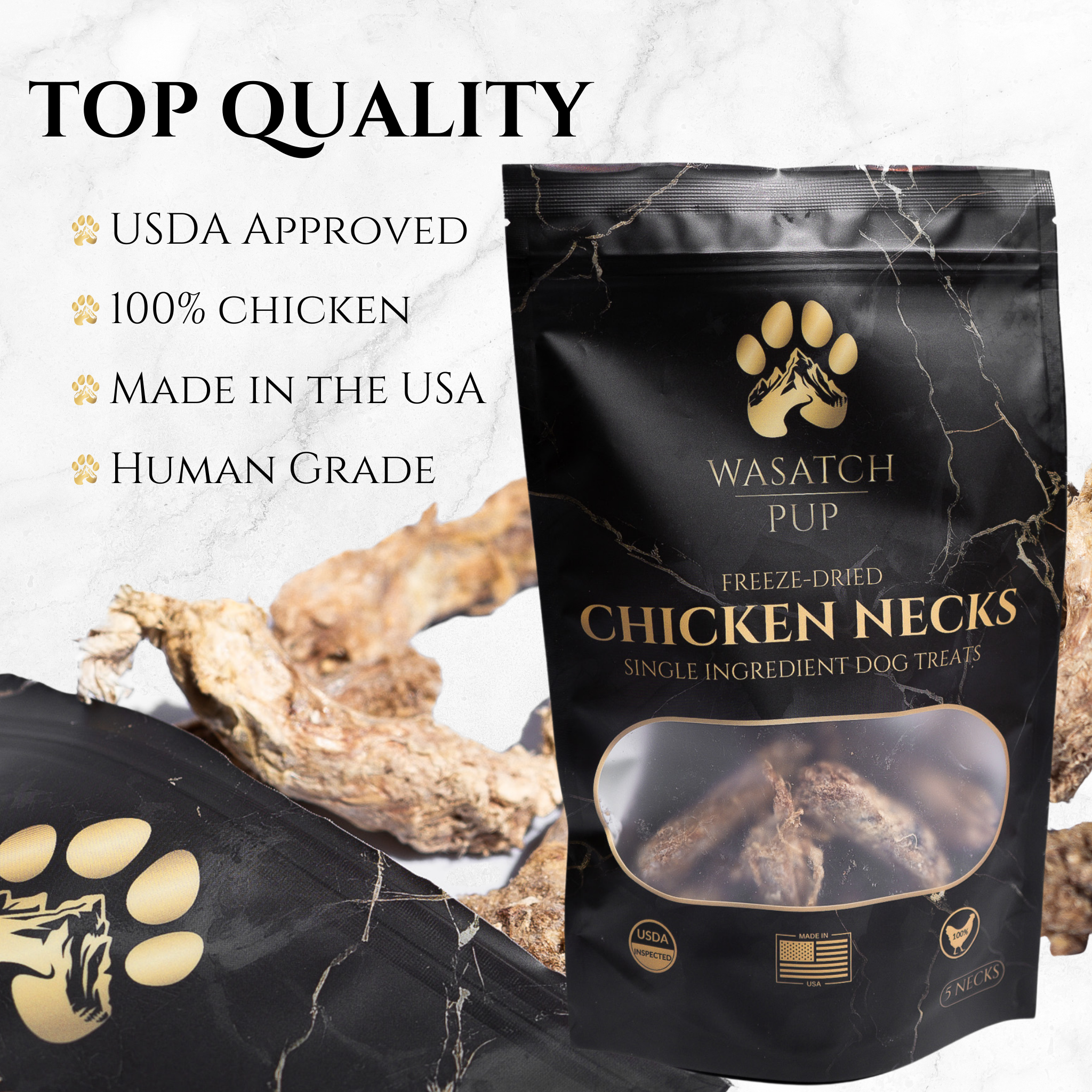 Wasatch Pup 100% chicken, human-grade sourced, USDA-approved, freeze-dried chicken neck single ingredient treats for dogs.