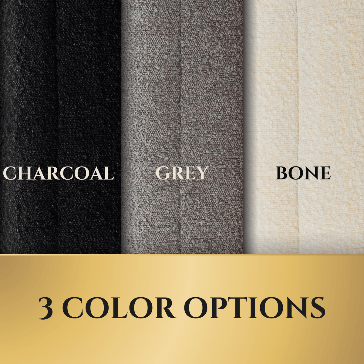 Close-up comparison of the three bouclé fabric color options for the Wasatch Pup Luxury Orthopedic Dog Bed: Charcoal black, textured Grey, and warm Bone cream. The image highlights the fabric texture and color differences. A close-up of the zippered removable outer cover illustrates its construction and machine-washable design.